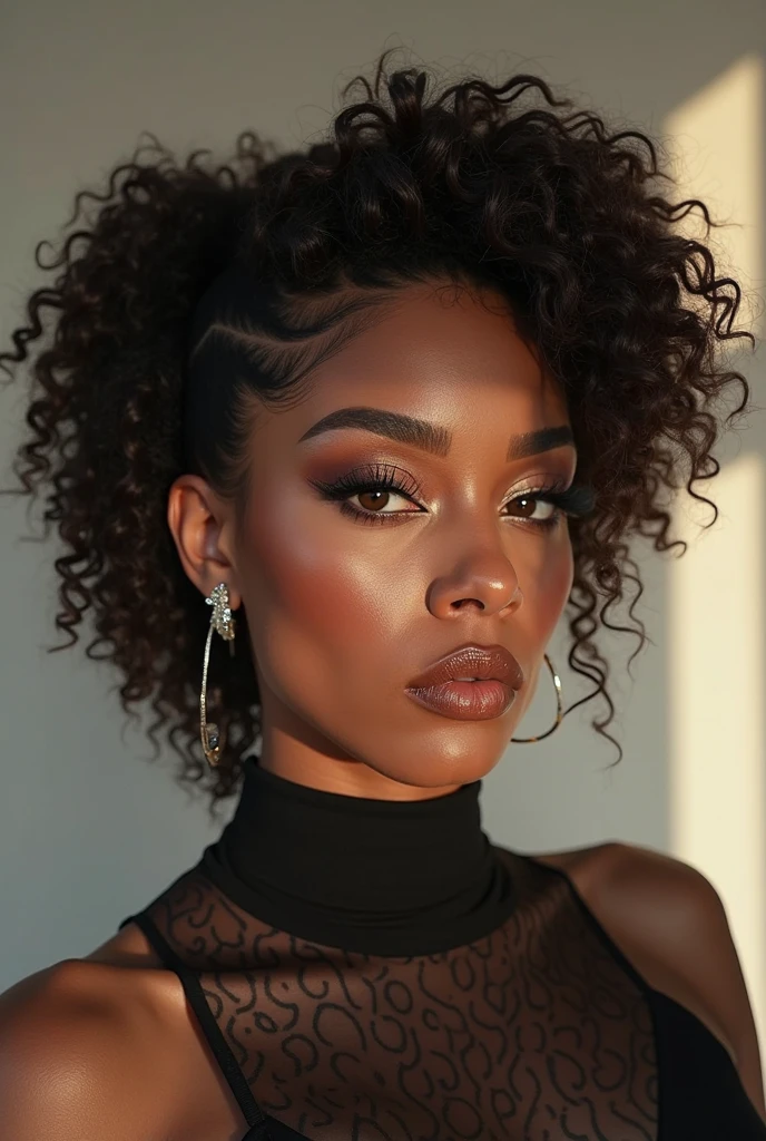 1 girl)) olhos castanho com brilho dentro, palpebras dupla rosto detalhado boca pequena, pele afro-americana cabelos cacheado preto , usando mini blusa rosa ,de manga longa, .mini shortinho leque branco peito grande corpo natural bunda grande detalhada pose agachanda thug life, fundo parede pichada com notas de dolares