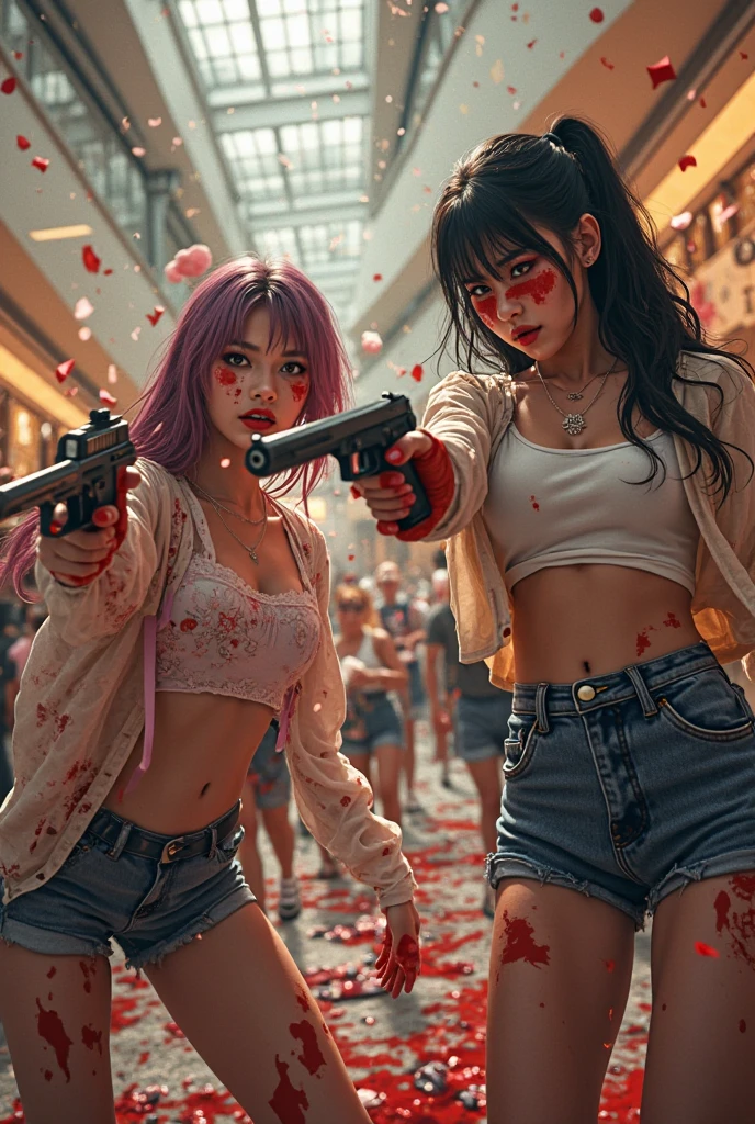 2 teenagers with big breasts, killing zombies, with a lot of blood, on a street in new york, cyberpunk style