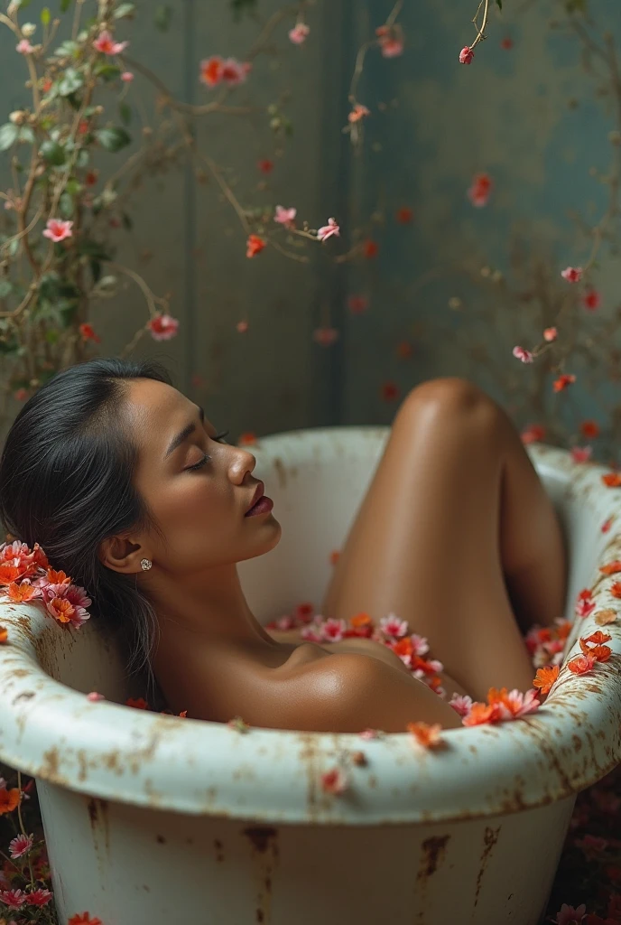 A hyper-realistic fashion photograph captured from a low angle whit perspective from the woman's ass. She is on a rooftop covered in flowers and plants, everywhere, she is naked and lying on her side in bed, with her back turned to the camera. A glass cup filled with delicate flower petals rests gently on the curve of her back The composition captures the elegant curve of her spine and the relaxed position of her body, creating a serene and intimate atmosphere. The soft lighting emphasizes the contours of her figure, while the subtle details of the bedding add texture to the scene. The overall image conveys a sense of calm and quiet beauty, focusing on the graceful lines of her form as she rests peacefully.