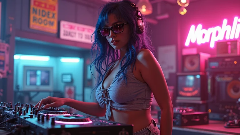 (Melhor qualidade)), ((super detalhado)), ((obra de arte)), foto, cena: equipped radio studio, tema: personagem: buffalo, Appearance: DJ com fones de ouvido e microfone, Action: Dancing, Facial expression: expressivo, contains vinyl records, perspectiva: estilo cyberpunk synthwave, garota linda, surrounded by colorful soap bubbles, por Jeremy Mann, por Sandra Chevier, punk rock, garota dj, Young Techno Radio, trilhas leves, and metallic lines
Imagine a breathtaking foto taken with the utmost precision, showcasing an equipped radio studio. The tema centers around a unique personagem: a buffalo taking on the role of a DJ, colocando fones de ouvido e segurando um microfone. The buffalo DJ is captured in the midst of an energetic dance, displaying an expressivo Facial expression. The studio itself is adorned with a collection of vinyl records, symbolizing a deep love for music. The cena is bathed in a captivating estilo cyberpunk synthwave, com cores vibrantes e elementos futuristas. O DJ, um homem surpreendentemente bonito, is at the center of the composition, surrounded by a fascinating array of colorful soap bubbles. This remarkable work of art, a true obra de arte, is a collaborative creation por Jeremy Mann and Sandra Chevrier, seamlessly blending punk rock aesthetics with the vibrant atmosphere of a Young Techno Radio. The image is accentuated by dynamic trilhas leves and metallic lines, adding an extra layer of visual allure.

Furthermore, the foto provides a full-body view of the DJ, showcasing its complete setup with a state-of-the-art sound system and comprehensive CDJ setup, ensuring an immersive and authentic DJ experience.