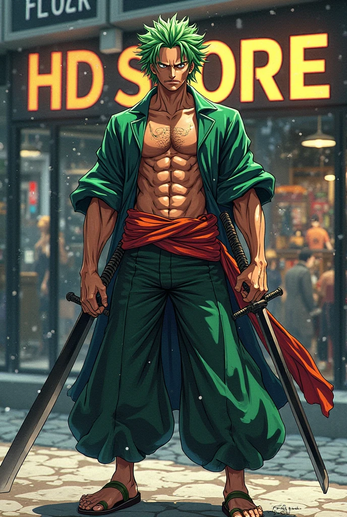 ((masterpiece,best quality)), one piece zoro, three sword man, 8k resolution, hdr, raining, depth of field