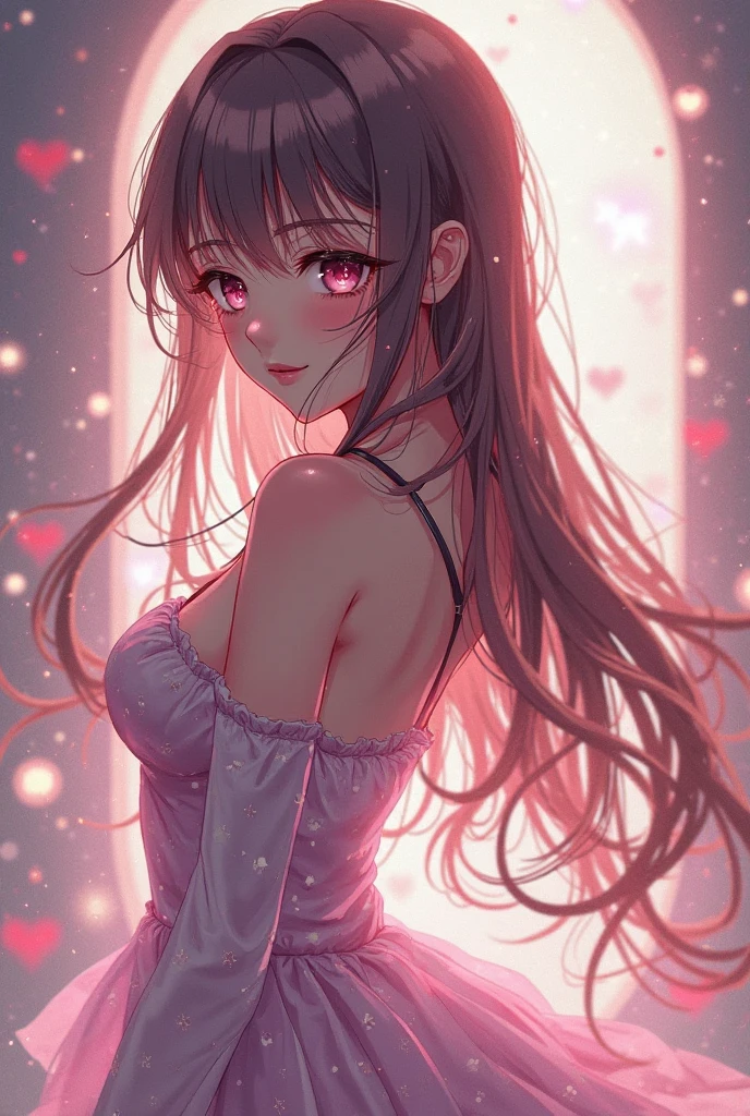 4K, June scenery, Beautiful woman, Long Hair, Brown Hair, Medium chest, blue eyes, White shirt, hot pants, Neon Red Heart Necklace, View your viewers, night, Multicolored hydrangea