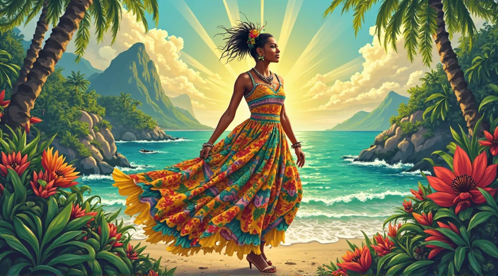 Vector art, Lots of Jamaican Reggae, Authentic Jamaican reggae music atmosphere，Color illustrations, in the center, Vibrant colors, Paint splatters and stains, High detail, 
bright red sunset,beach,Palm tree,Back view of dancing women