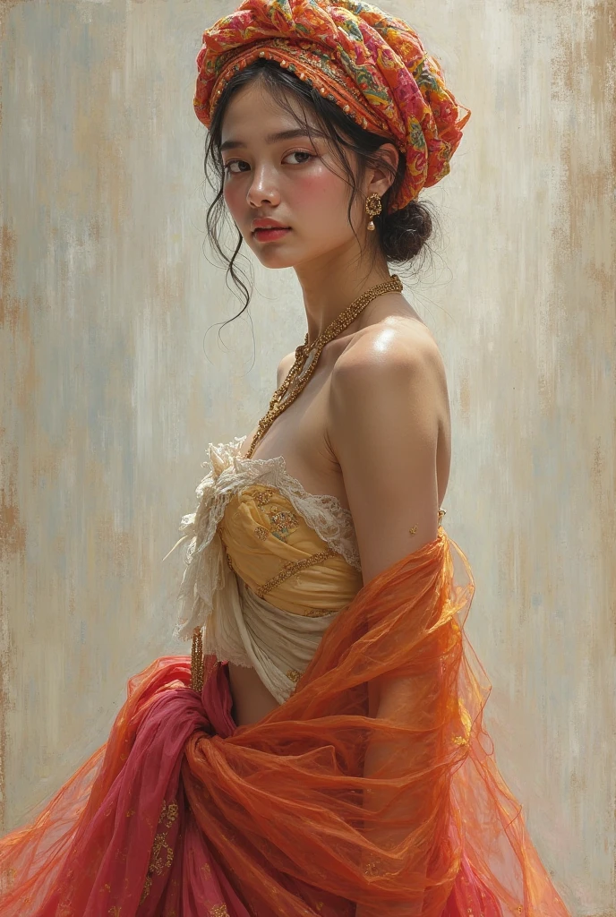 Portraying a girl naked in the shower，bathes under running water, Quiet and harmonious atmosphere，bathroom with luxurious bronze elements, warm color palette，small strokes of paint, detailed body work, use the golden ratio, correct anatomy，detailed face, detailed eyes，（Girls wear: lace underwear, panties, no bra, charm，daylight，((Sexual suggestiveness)),attractions,(Post-impressionist),rich colors,(Oil painting by Feshin - Oil painting by Feshin , oil painted), 04
