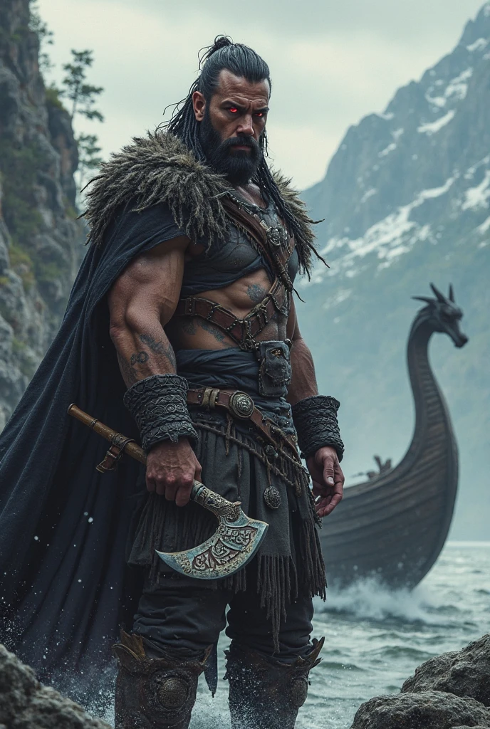 The image shows a man standing in water up to his thighs. He has a muscular build and is wearing a costume that includes a leather chest piece, a belt with a circular buckle, and what appears to be a skirt or loincloth. His arms are adorned with leather bracers, and he has a beard. The man's expression is serious, and he is looking directly at the camera. The background features a body of water with rocks and a clear sky with clouds, suggesting an outdoor, natural setting. The overall aesthetic of the image is dramatic and could be associated with a fantasy or historical theme.