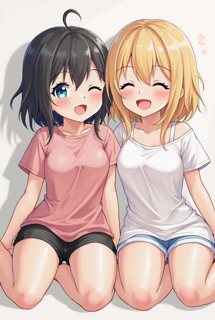(masterpiece, best quality), best resolution, (two heads:1.5), (conjoined_dicephalus), blonde and black hair, short hair, multicolored eyes, stern, braids, white diaper, dyed hair, facing viewer, smile, (solo), (diaper fetish:1.2), (pacifier:1.3)
