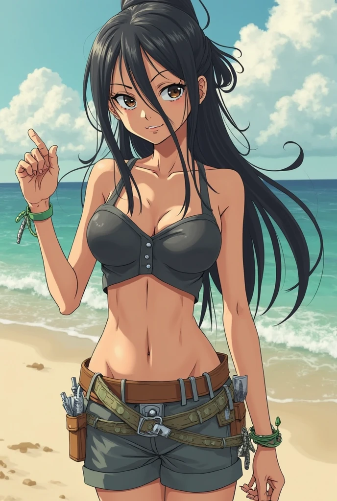 Tanned skinned anime girl, slender yet curved figure, long wavy hair tied up in a high ponytail, wearing a bikini top and cargo pants, extremely hungry and starving, her stomach distended and hands clutched in despair. Her expression is pained and worried, lying on the ground, a punishment for circumstances beyond her control. Ultra-detailed rendering, realistic, 4K resolution, atmospheric lighting, muted earthy tones, textures conveying the girl's tanned and parched skin. The bikini top has intricate patterns, the cargo pants have detailed pockets and folds. Dynamic shadows and soft highlights capture her lean form and amplify