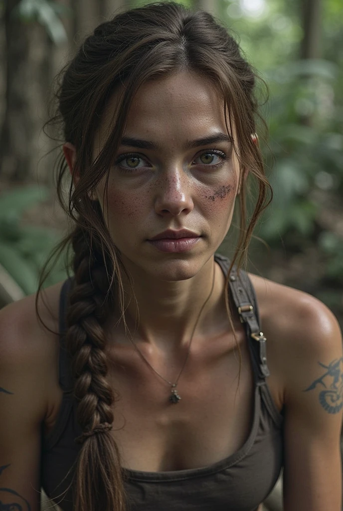 A beautiful young woman (Scarlett Johansson, age 25, dirty and with a few wounds, Dressed appropriate to the scene) has escaped from a village of man eating cannibals. She finds herself at a moonlit waterfall in the deep jungle. She is (tired and hurt), she is actively running through the foliage then she dives into the water. The natives took everything from her and forced her to remain unclad, she now wears body paint and extensive tattoos as the natives do.