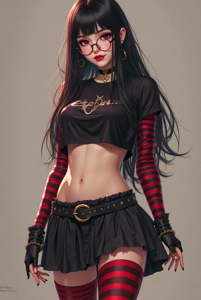 1 girl (18year old) Glasses, Upper body, Slim waist, tiny chest, Sexy Pose, No Sea Face, Bangs, cleavage, Navel, off shoulders, Seductive smile, wear red sexy winter clothes, Gray background
