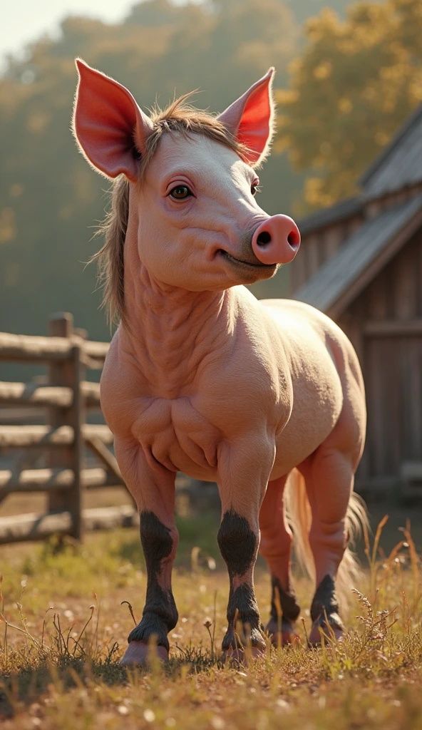 ((Naked solo Woman outside in grass opened field), ((on all four hooves)), ((long curly pig tail)), ((wider hips)), ((woman reposition herself into pig stand)), (hands turns into hooves)), ((feet turns into hooves)), ((pig ears)), ((pig fur growing)) , ((pig nose)), blue eyes,  ((stands on hands and feet pig style position)), ((anthro pig)), ((full pig transformation)),  ((arms turn into pig legs)), ((legs turns into pig legs)), ((skin turns pink))