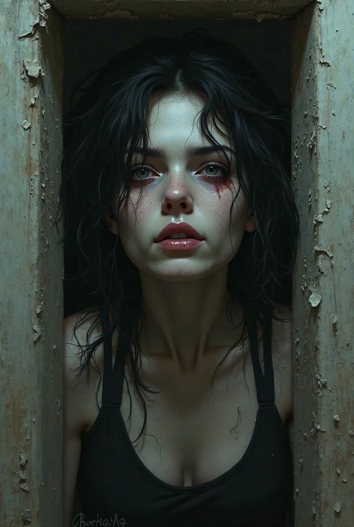 Depressed girl、Long black hair、Small Nose、Skinny body、White eyes、Thin lips、Inpatients、Upper Body、Close-up、Real、Bottom of a decaying well