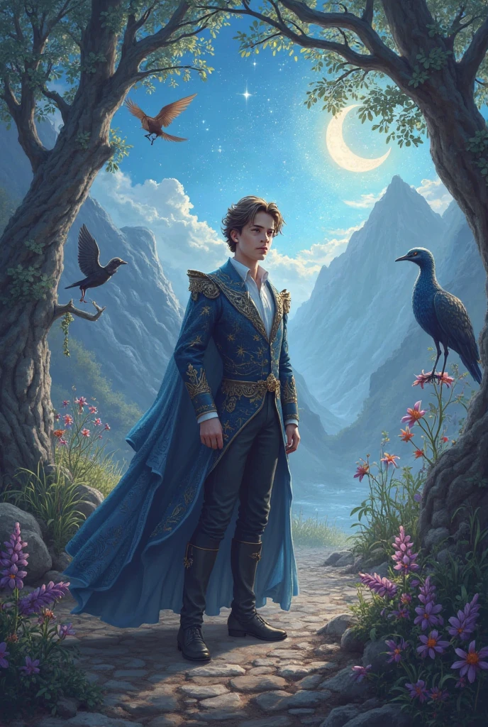 A magical man in a mysterious, dark forest, illuminated by the light of the moon, with a fairy flying in the rain, magical and mystical, with a magical book, an editing girl, and fairies, (best quality,4k,8k,highres,masterpiece:1.2),ultra-detailed,(realistic,photorealistic,photo-realistic:1.37),detailed portrait, detailed facial features, expressive eyes, intricate details, lush forest, moonlight, rain, magical atmosphere, fantasy, dreamlike, whimsical, vibrant colors, dramatic lighting