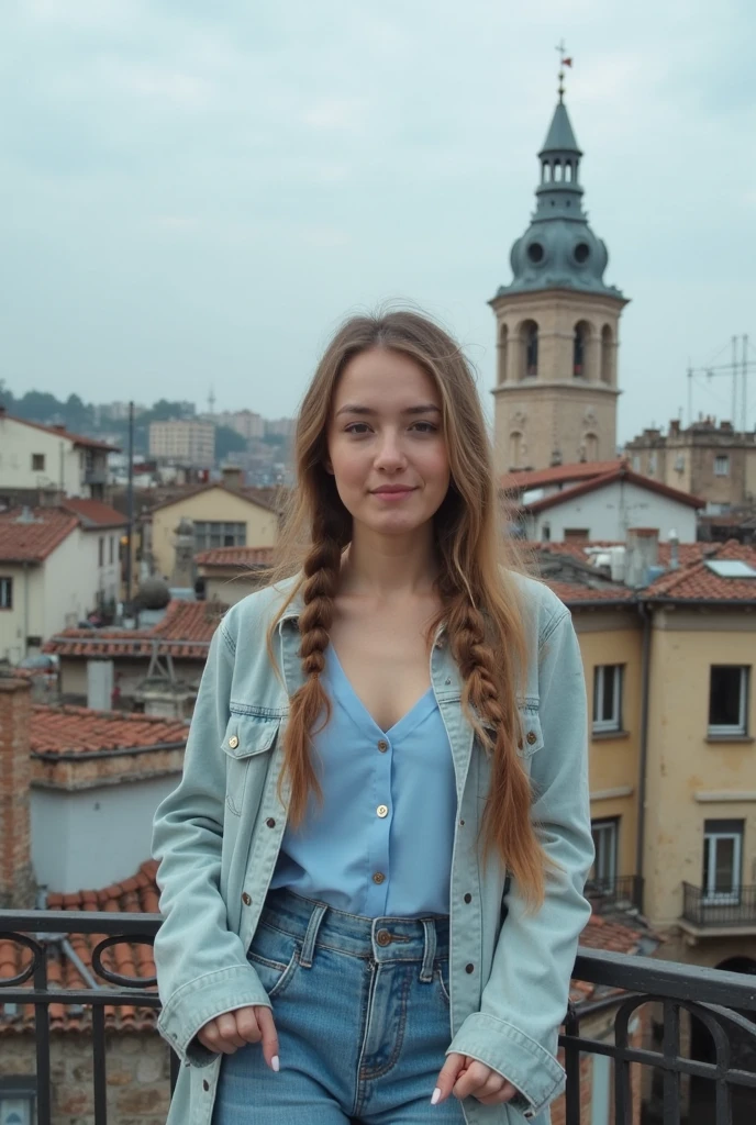 her name is Chrsotine, high quality, 1girl, ((20-year-old fit Caucasian woman)), ((20 years old)), ((fit)), ((Halo Braid)), pose: standing, wearing unique Generation-Z modern wear, BACKGROUND: Grand Place, Brussels: Stunning architecture and vibrant city life, smiling