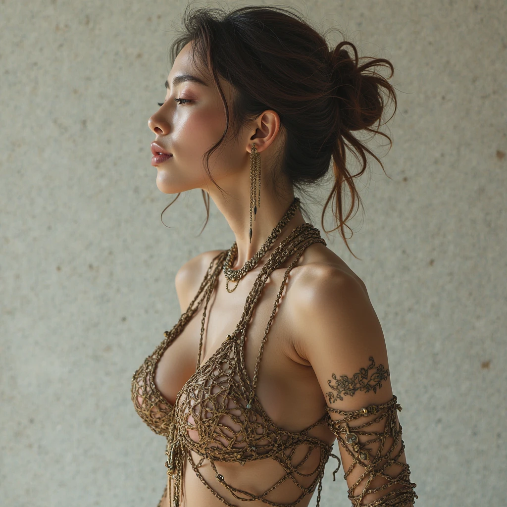 (best quality:1.2, highres, realistic:1.37), 18yo woman in intricate kinbaku rope bondage, graceful pose, captivating eyes, flawless skin, shiny silk ropes, detailed knots, dramatic lighting, traditional Japanese art style, vibrant colors, intense emotions, powerful composition, skilful execution, evocative atmosphere