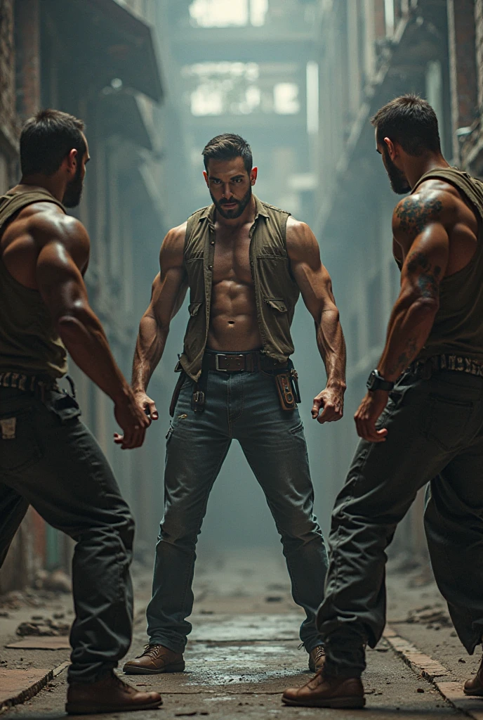 A man behind three man stand with hammer