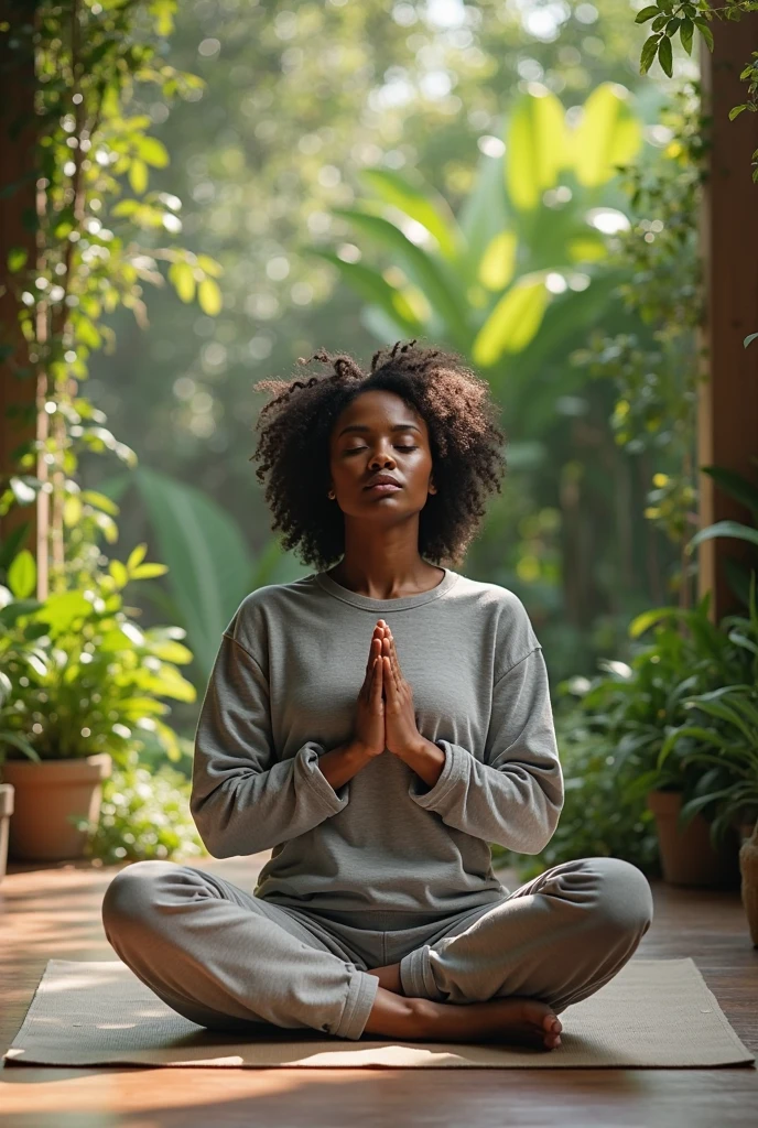 Black woman sitting on a yoga mat in a city setting, meditation pose, meditating pose, yoga meditation pose, meditative sacral pose, meditating in lotus position, lotus pose, anjali mudra, meditative, meditating, centered full body pose, serene expression, stoic pose, padmasana, peaceful, sitting cross-legged, long dreads tattoos
