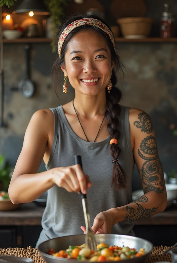[[((a vibrant, colorful Asian dish prepared in a stylish, modern kitchen:1.6)), the focus of the scene, with an attractive young Asian woman cooking in the background. She is dressed in fashionable, practical cooking attire that complements her vibrant surroundings:1.4)). The background features a sleek, upscale kitchen environment. The scene is captured with a ((full-frame DSLR:1.4)) using a ((50mm prime lens:1.4)) to keep the dish in sharp focus and the woman slightly in the background. Professional lighting enhances the dish's vibrant colors and presentation, adding a ((soft bokeh effect:1.3)) to the background. The image should be in ((8K resolution:1.5)) with ((hyper-realistic detail:1.6)). The focus is entirely on the colorful Asian dish, with the young woman’s stylish and confident presence in the background, highlighting the delicious and vibrant meal being prepared in a modern kitchen setting.]]