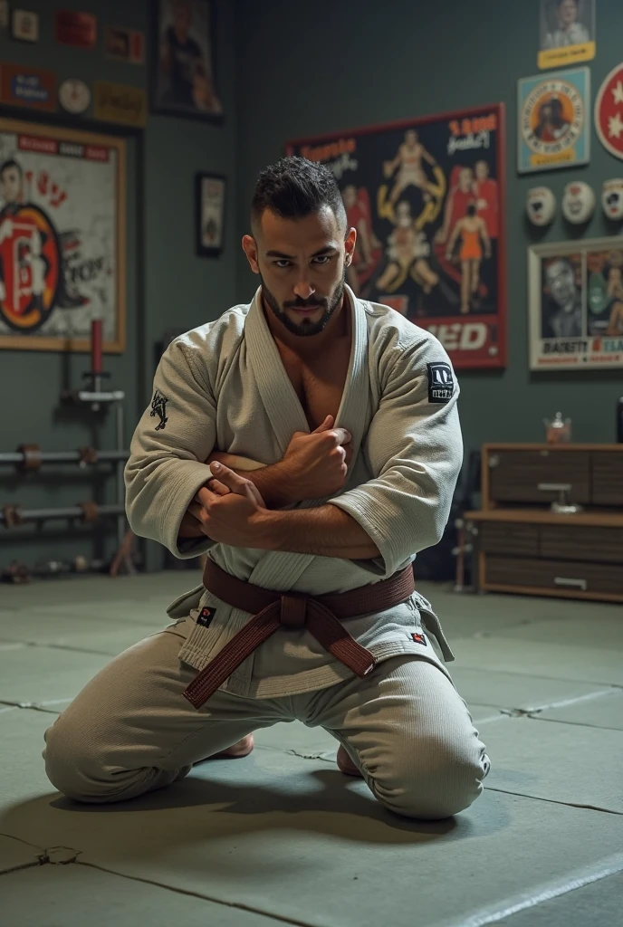 Make an image of a jiu jitsu fighter in a white gi sitting on a throne holding a blue belt