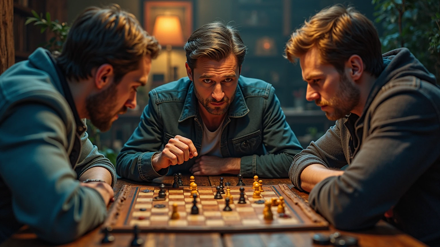 4 handsome men playing checkers in a cowboy bar some shirtless and others wearing one and a handsome young man standing next to them watching them play