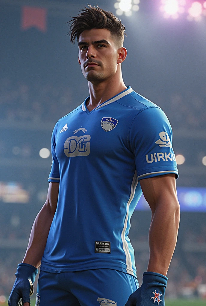 A footballer stands on the field, Wearing a blue and white number 10 shirt, Turn your back to the camera, In the distance are spectators in the stands, high detail, cinematic lighting, Eye-Level Shot, masterpiece, anatomically correct, textured skin, super detail, high quality --auto