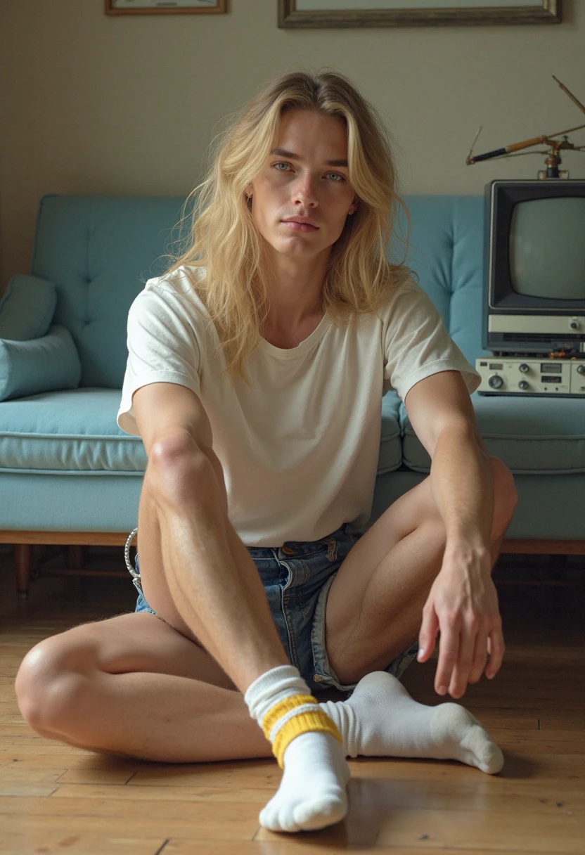 Create a 17 year old boy with blond hair, androgynous face and body with dd size girl breasts, ???????, no muscles, wearing jeans and black sneakers, sitting on a couch 
