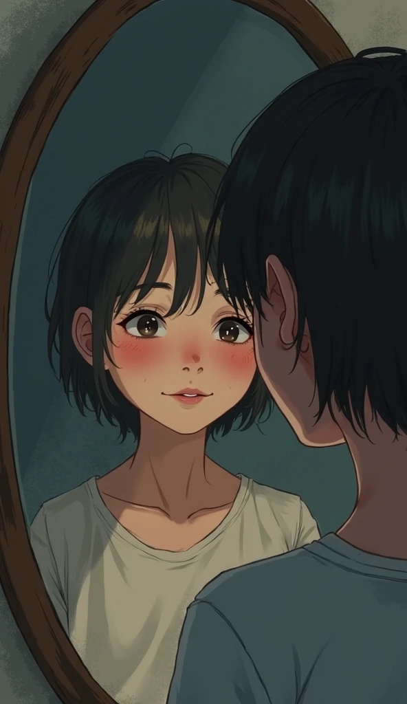 A boy who is sitting beside the mirror doing side eye to peek the reflection of the girls