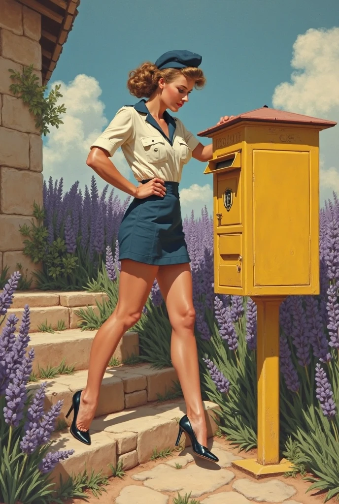 A sensual Rachel Cook, shopping at a garden center.   Flowers, shrubs.  (((wearing a low cut, tight fitting tank top and short, ripped denim shorts, and white running shoes))), medium breasts, cleavage, erect nipples, navel, toned abs. Sideboobs.  (((White running shoes, no socks))). (((Bright blue eyes))).  Full body portrait, pin-up painting from the '50s, in the art style of Alberto Vargas,, award-winning, masterpiece  