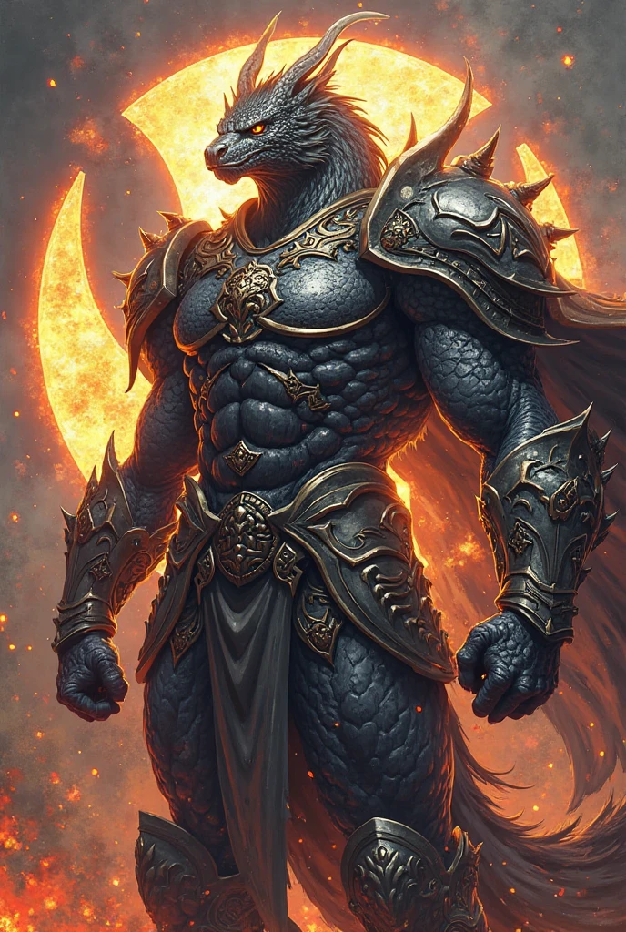 An alpha black dragon,sexy, slim and well defined body, piercing red eyes, white elegant horns,((some golden bracelets on her wrists of her hands with claws, elegant orange loincloth with red and a blue jewel in the middle)),(bottom:half a day on an erupting volcano,in it,very hot,good detailed lighting ,just standing face to face on the rock,face of being the alpha,some veins that can be seen on his thin well-defined body),(((bathed in sweat all over his slim, well-defined body))),(((no type of accessories or objects on your chest and six pack))),(((sweaty all over his arms and all over his well defined body))).