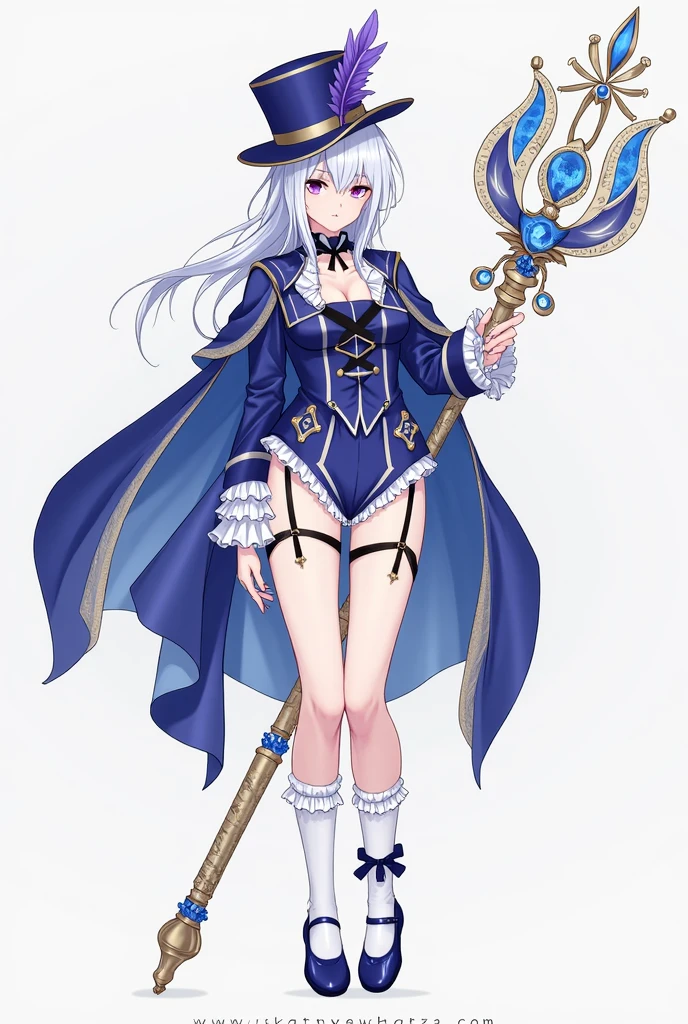 magic, Two-dimensional culture, western clothing style, original character design, game characters, 1girl, solo, long hair, thighhighs, purple hair, gloves, staff, shield, white gloves, full body, open mouth, white thighhighs, dress, breasts, holding, grey background, holding staff, smile, gradient, hair ornament, gradient background, looking at viewer, cleavage, standing<lora:Two-dimensional:1>