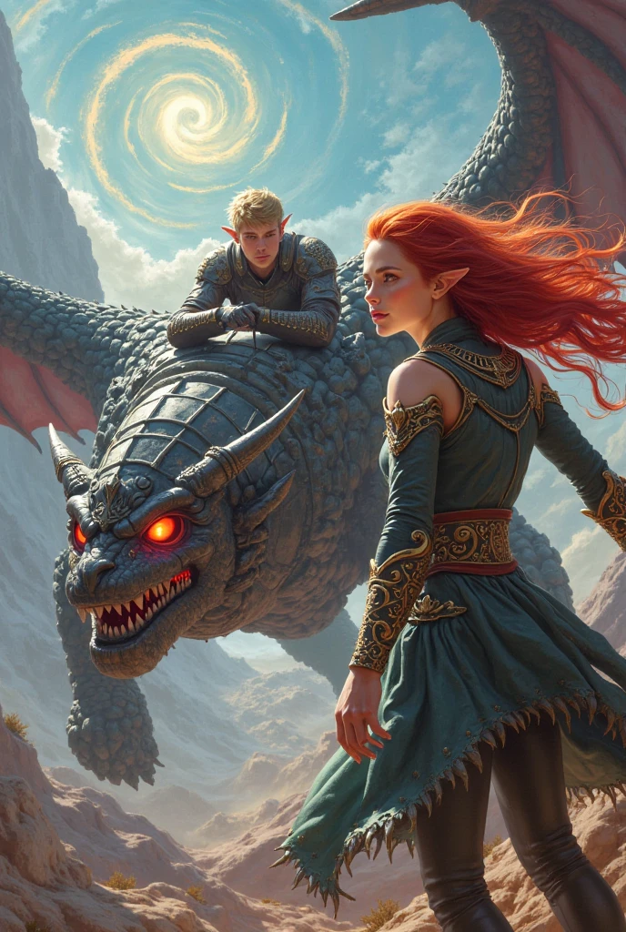 epic realistic, (dark shot:1), two loving girls riding on the head of a flying dragon, (((albino bald redhead beautiful princess girl, red eyebrows))) hugged in the back (((african goddess ninja girl black skin really curly hair))) floating on dragon head, textured clothing, dragon head, smoke, (((sandstorm))), (flying stone), (((dust explosion:1))), wind, (motion blur), realistic, solo_focus, (dark background), 3d Model, heterochromia eyes, dragons