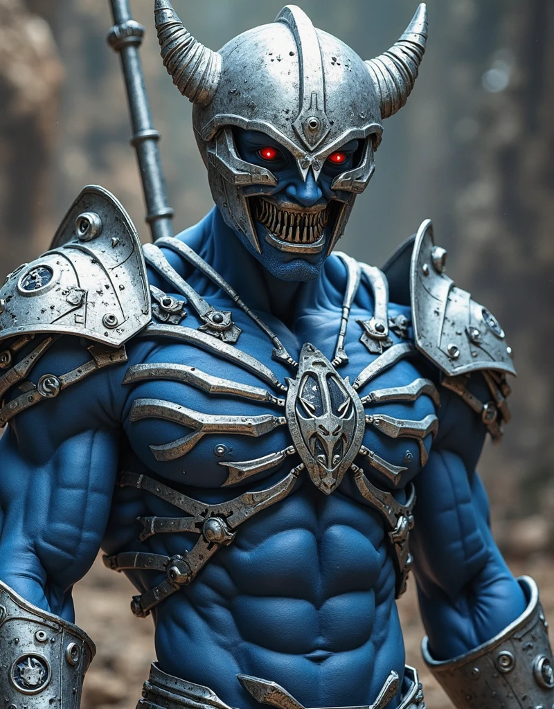 a 5’2” blue humanoid dragon with yellow eyes and one eye scarred over with it clouded. He has jagged sharp teeth that pokes out of his mouth with an underbite and he has a muscular build but wears mostly heavy plate armor with his large great sword in tow
