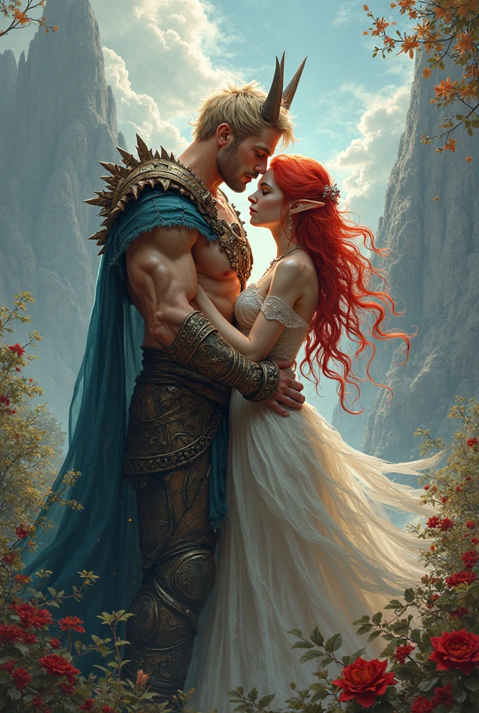 a beautiful female warrior with red hair and green eyes, in a love triangle with two male warriors, one with long red hair and caramel skin hug her with love and the other man with short blond heir seduce her and she is confused