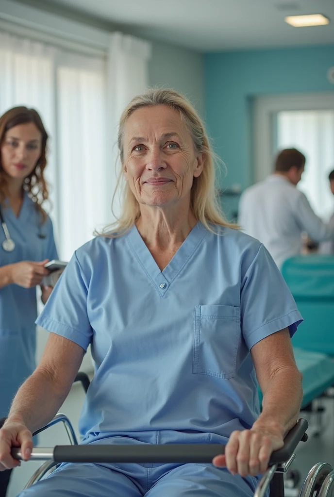 Nurse sitting in wheelchair without right leg