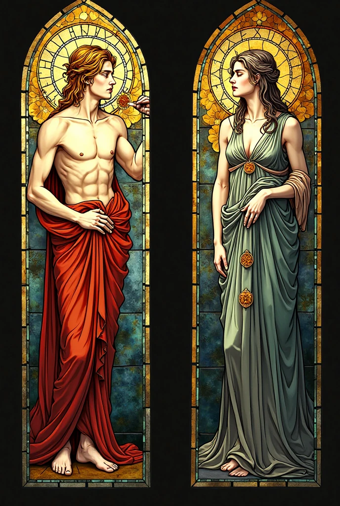 Adam and Eve, leaves, stained glass