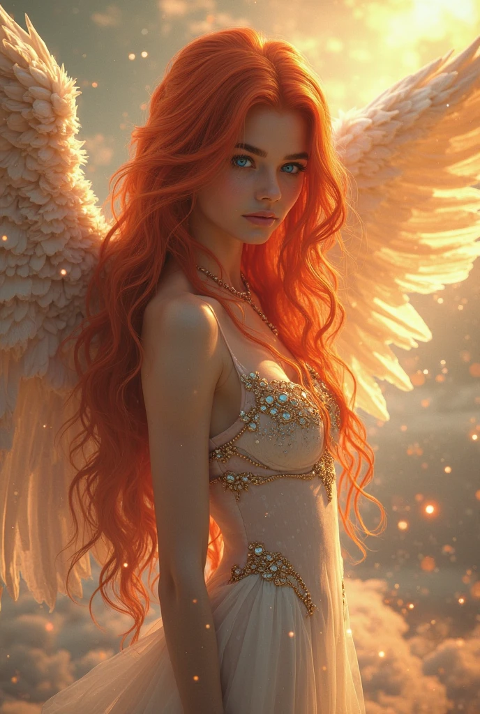 A woman with red hair and angel wings is posing for a photo, Deusa dos cabelos ruivos, anjo feminino bonito, Retrato de um anjo bonito, anjo bonito, de anjo lindo, Alena Aenami e Artgerm, de uma menina anjo bonita, Neoartcore e Charlie Bowater, artgerm', No estilo de Anne Stokes, karol bak uhd