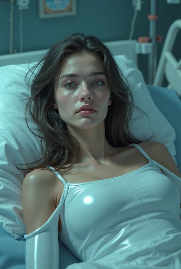 (a sexy nurse) in a steamy, dimly lit hospital room, wearing a tight-fitting white nurse uniform [sexy nurse outfit] that accentuates her curves, with a revealing low neckline and a short hemline. She has long, flowing brunette hair cascading down her back. The nurse's eyes are seductive and captivating, with smoky eye makeup that enhances their beauty [beautiful detailed eyes]. Her lips are luscious and glossy, with the perfect shade of red lipstick that adds to her allure [beautiful detailed lips]. She exudes confidence and sensuality as she stands near a hospital bed, holding a stethoscope and examining a patient's chart. The room is filled with medical equipment and monitors [high-tech medical equipment], portraying a sense of urgency and professionalism. Soft, warm light emanates from the lamp on the bedside table, casting a flattering glow on the nurse's face and accentuating her features [soft, warm lighting]. The atmosphere is charged with anticipation and desire. The scene combines the allure of a medical professional with an undeniable seductive charm, capturing the viewers' attention [captivating composition]. The image quality is of the highest standard, showcasing exquisite details [best quality, ultra-detailed]. The nurse's uniform is rendered with precision, highlighting every stitch and fabric texture [ultra-fine painting, extreme detail description]. The lighting creates a three-dimensional effect, adding depth and realism to the scene [physically-based rendering]. The color palette is rich and vibrant, with a balance of warm and cool tones. The nurse's uniform shines in pristine white, contrasting with the warmth of her skin and the hues of the surrounding medical equipment [vivid colors, contrast, color balance]. The overall atmosphere is sensual and provocative, accentuated by the seductive play of light and shadowood, lighting effects].(subtle nudity:1.6)