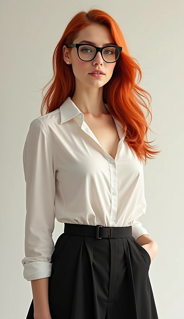 Woman, white-skinned , long reddish brown hair , clean eyes, fleshy lips, wearing red lipstick, strong makeup, with an air of power, Wearing a white formal blouse and black skirt