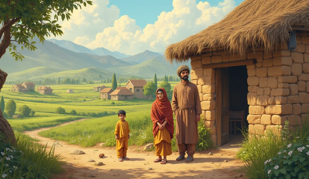 A Muslim family father wear panjabi & mother & her one baby girl ,old house in background,mango tree,banana tree,bamboo tree in background, a cat in yard