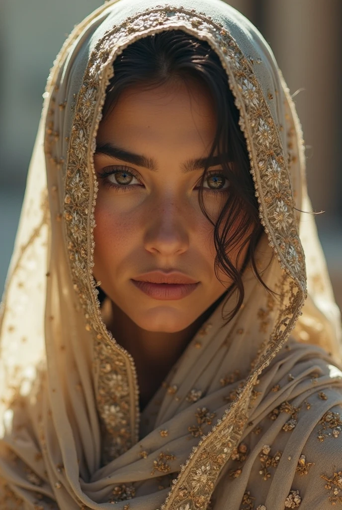 a realistic, middle eastern woman with blue eyes, wearing traditional clothing, and her face covered with a veil