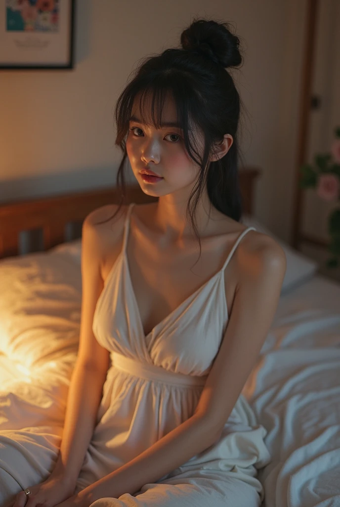 (Real: 1.5, Tabletop: 1.5, 8k), (Top Quality, Masterpiece, Ultra High Resolution), Perfect Dynamic Composition, Professional Camera Work: 1.4, Highly Detailed Skin and Face Texture: 1.3, Mysterious Portrait: 1.3, Glow Light Effect, Ultra Detailed, Alone Girl, ((Night View from Inside a Building, Pitch Black Room: 0.9, Night Moonlight Shines Through the Glass)), ((Pale Pink Nightgown)), (Model Body), Clear Face, (Beautiful and Attractive Eyes: 0.9, Dreamy Expression: 1.0, I Love You From the Bottom of My Heart: 0.8, Beautiful Erotic Taste: 0.7), (Wet Dark Brown Bob Cut), Candle, Large Breasts, ((cleavage)), breast grab, Necklace, (Sitting on Bed, Sitting Cross-legged), ((Attractive Functional)), Bed, Bedroom, Covered Nipples, ((Blushing:1.37)), No Panties, No Bra , Thin Eyebrows, skirtlift, crossed arms, covering breasts, hands on own breasts, hands on own chest, (Accurate hands), Wariza