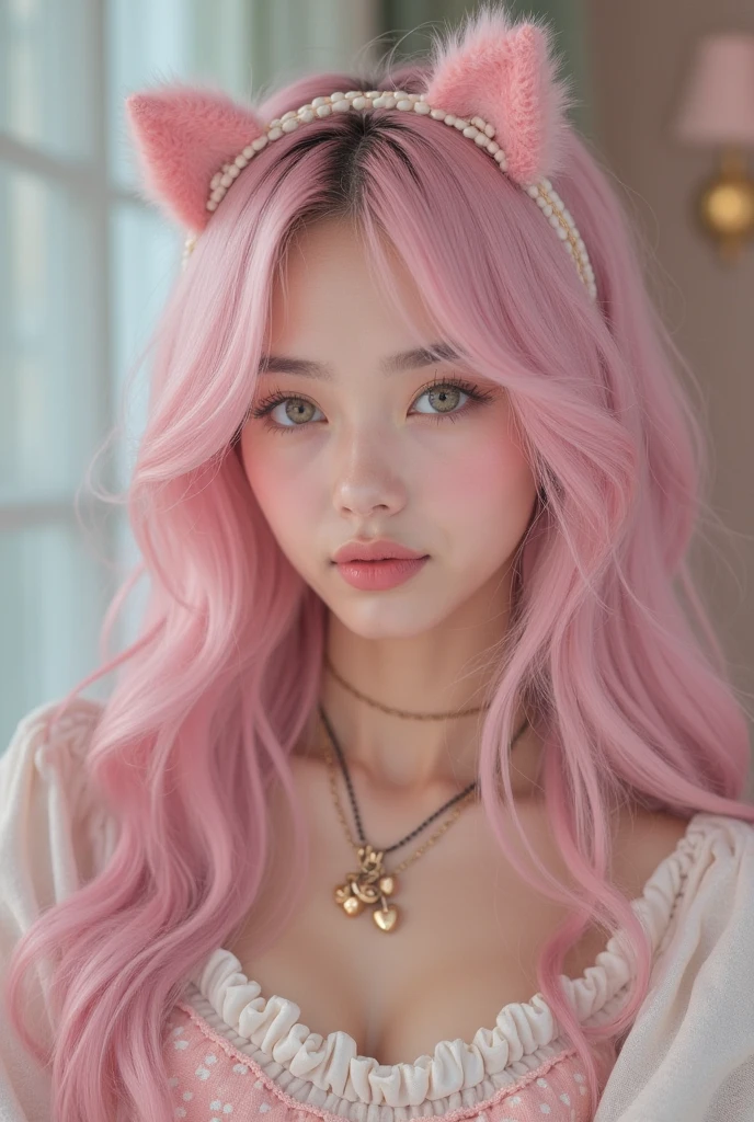 a close up of a doll with pink hair and a cat's face, very beautiful fluffy kitten, attractive cat girl, Beautiful Delfina, Sakimichan, with pink hair, blonde hair with pink highlights, beautiful young kitten, cute anime cat girl, light pink hair with pink flames, wig, very beautiful anime cat, fairy core, pink straight hair