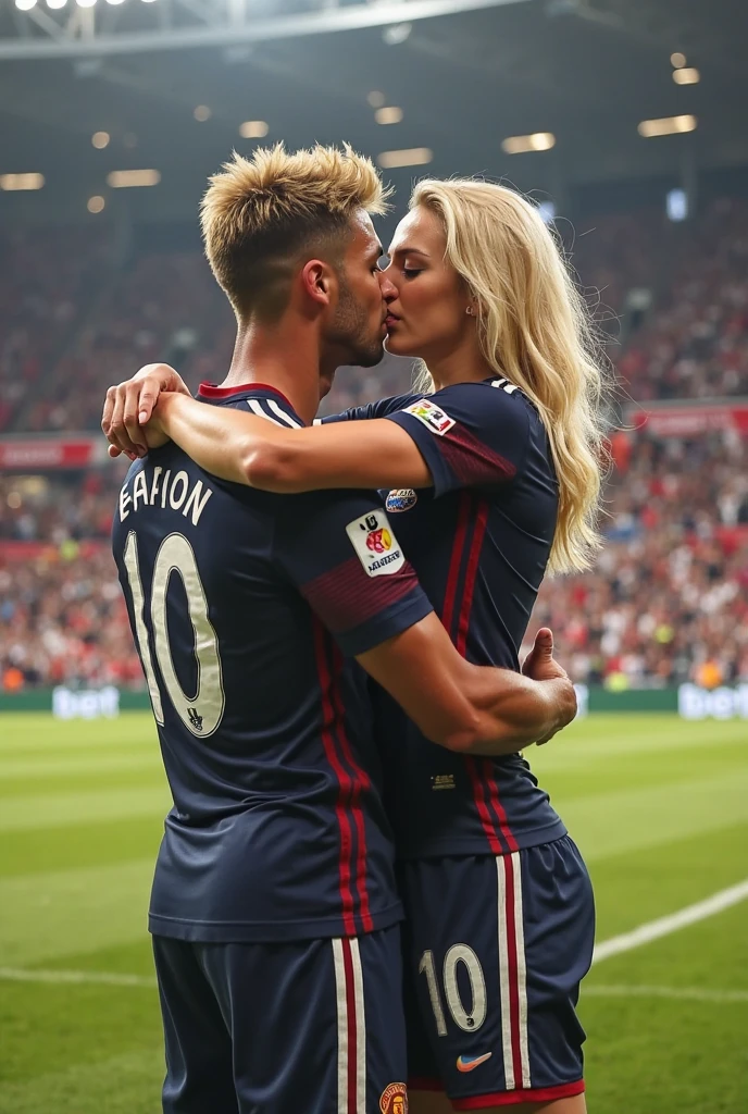 A beautiful, sexy woman with blonde tattoo and big, straight hair,with very realistic blue eyes and a man with platinum blonde hair wearing a blue, red and white Fortaleza team shirt,with tattoo on the arms, with big breasts , in the audience of the football field with other people