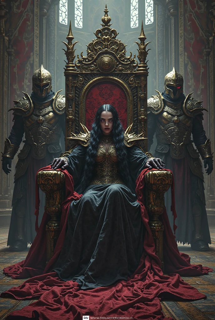 a landscape picture of castle interior with deathly nuances, there hela sit on her throne while the undead soldier kneeling before her