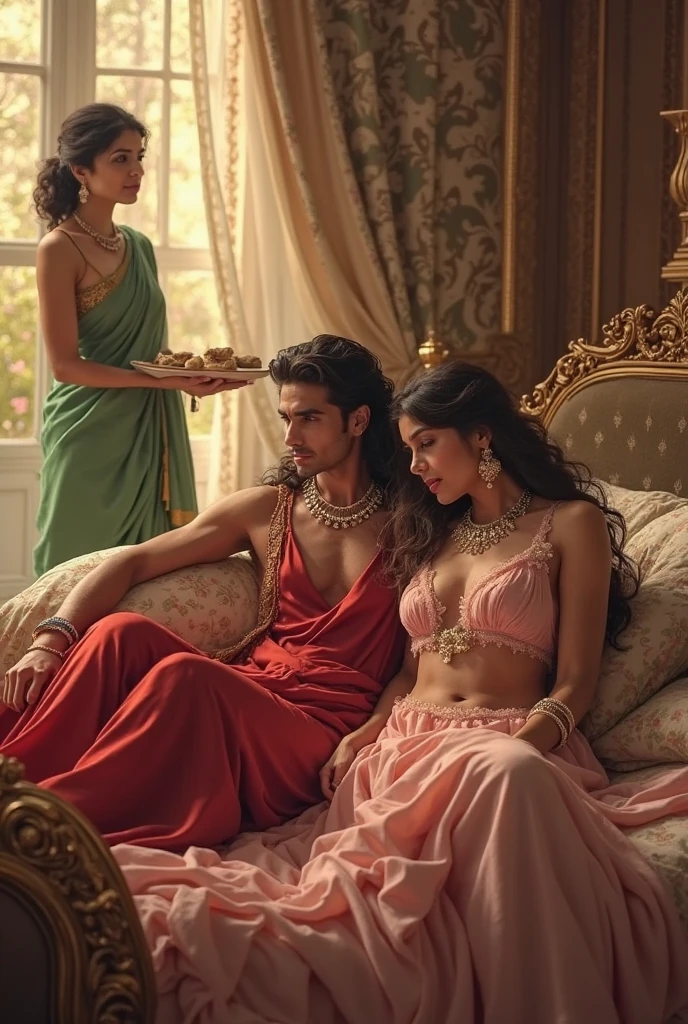 A handsome Indian prince, lying and sleeping, on an Indian bed, next to him is a golden bowl full of grapes, the background is an Indian-style room --auto --s2