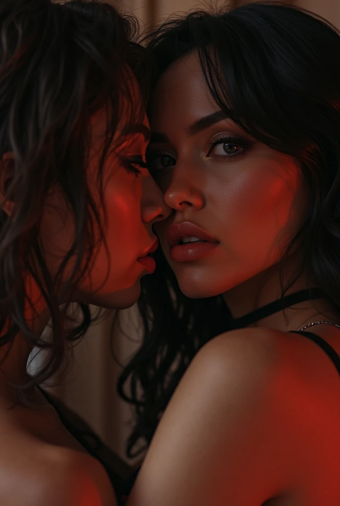 a sensual intimate portrait of Nicki Minaj and Cardi B passionately kissing, extremely detailed facial features, beautiful eyes and lips, soft lighting, photorealistic, cinematic composition, dramatic colors, intense emotion, (best quality,4k,8k,highres,masterpiece:1.2),ultra-detailed,(realistic,photorealistic,photo-realistic:1.37),cinematic color grading,dramatic lighting,chiaroscuro,elegant,glamorous,high fashion