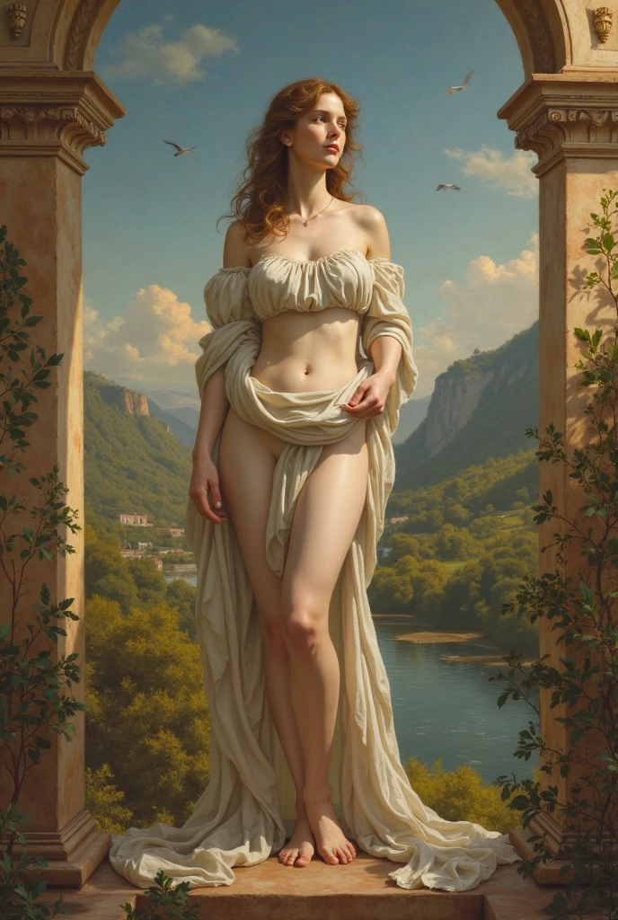 A nude girl statue made of yellow stone,whole body,Realistic stone statue