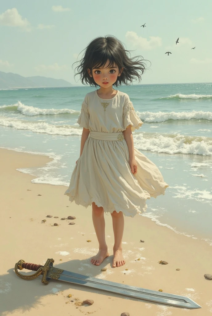 A with long hair dressed in white walks by the sea
