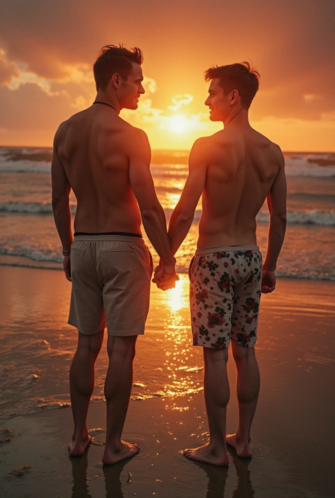 Handsome man on the beach in swim trunks looking at another man in small swim trunks showing his dick