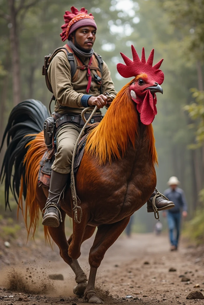 A riding on a chicken