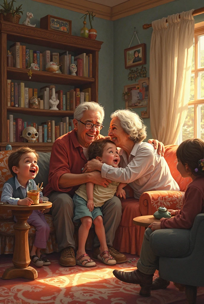 Create an elderly family enjoying grandchildren